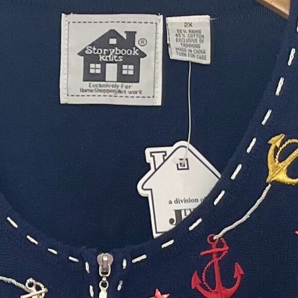 Storybook Knits Woman's Plus-Size Embroider Navy Anchor Nautical Sweater Sz 2x - Picture 8 of 9